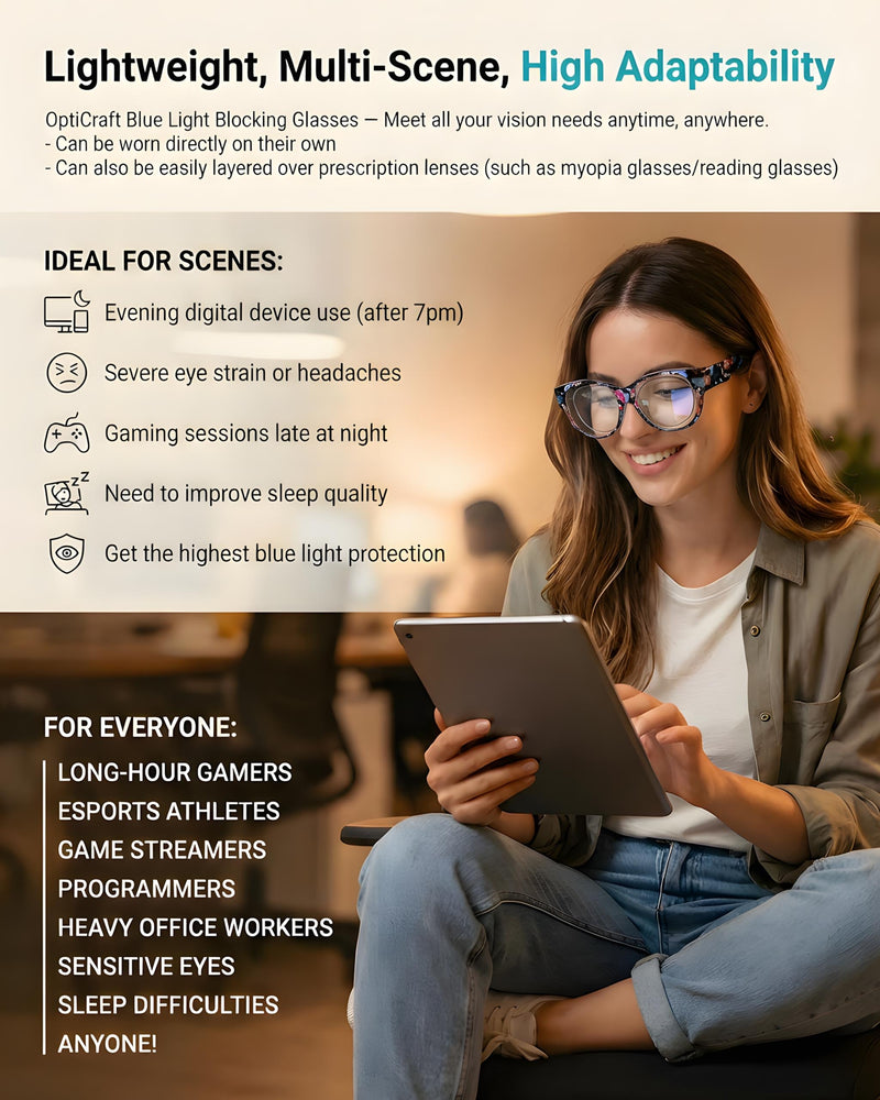 OptiCraft Blue Light Blocking Glasses Wear Over Prescription | Alleviate Eye Strain & Reduce Headaches, Round Lightweight Oversized Design, Ideal for Office Work and Daily Use A01 Floral / Clear