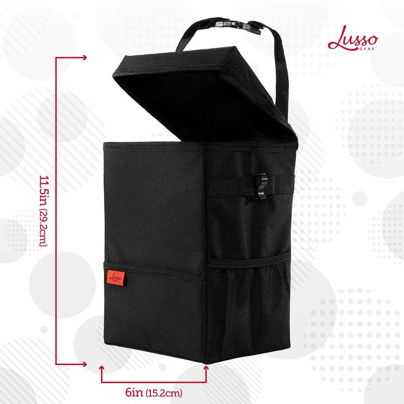 Lusso Gear Car Trash Can, 3.5 Gallon Capacity, Black Color, Manual-Lift Opening Mechanism
