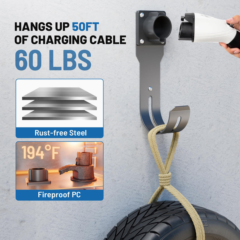MECMO EV Charger Holder SAE J1772 Nozzle Holster Dock and J-Hook Combination Wall Mount, EVSE Electric Vehicle Car Charger Cable Organizer EV Charger Cord Wall Hook Cable Holder J1772 Connector