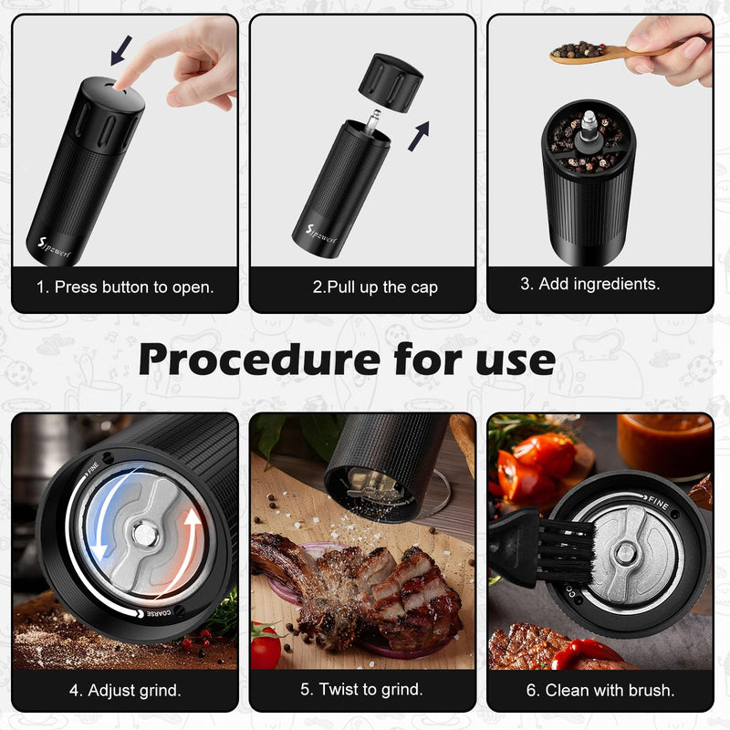 Professional Pepper Grinder Mill Manual - Aluminum Heavy Duty Pepper Mill, Aluminum Spice Grinder with Adjustable Coarseness and Stainless Steel Blade, High Output Black Spice Mill