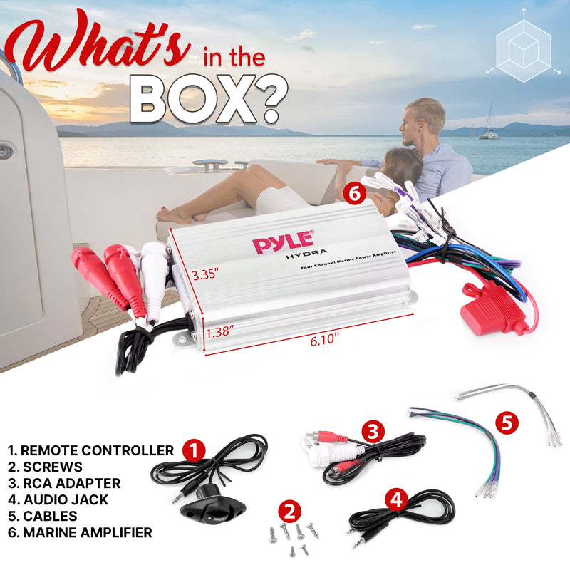Pyle 400W 4-Channel Hydra Marine Micro Amplifier - Waterproof - RCA Input - 3.5mm Jack - MP3 - Soft Turn On/Off - Volume Gain Level Remote Control - Power Protection - PLMRMP3A Standard Packaging