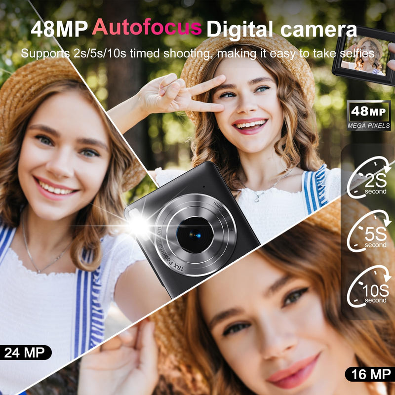 Digital Camera Dual Screen Kids Camera 4K 48MP with Autofocus & 16X Zoom, Internal Battery, 64GB SD Card Included | Portable Selfie Camera for Teens Children, Starter Vlogging Cameras Black