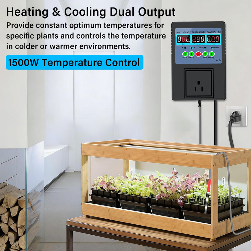 TempMaster Digital Temperature Controller Outlet,Heating & Cooling Thermostat with Dual Relay 15A 3300W,-20~120℉ Incubator Thermostat with Waterproof Probe,Temperature Control Switch for Reptile Tank