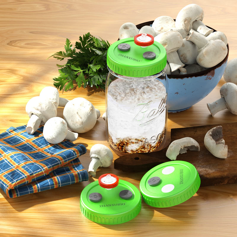 Mushroom Jar Liquid Culture Lid Wide Mouth Rejular Mouth Food Grade Plastic Mason Jar Lid with PTFE Membrane & Self Healing Injection Ports For Mushroom By ZHANXUBIO (12Pcs-Green) 12Pcs-Green