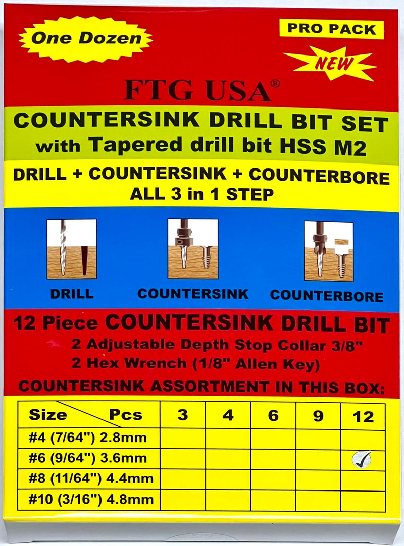 FTG USA 12 Pc #6 (9/64") Adjustable Wood Countersink Drill Bit Set Case | 12pc counter sink drill bit for wood, all same size; parabolic flute, 2 depth stop collar, hex key, storage container 12 Pc Same Size