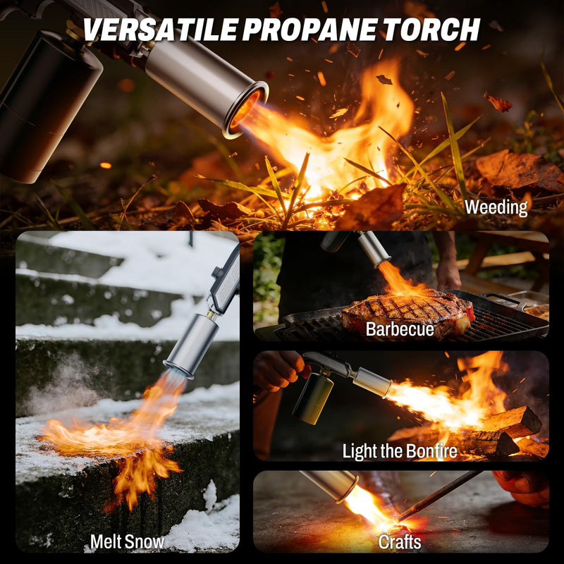 MR. COUNT Propane Torch Gun with Safety Lock, Adjustable Blow Torch Kitchen Cooking Torch for Sous Vide, Steak Searing, BBQ Grill, Charcoal Lighter, Campfire Starter (Propane Tank Not Included) Silver