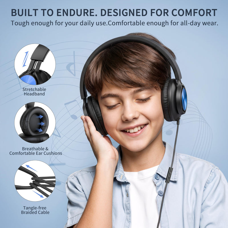 AILIHEN Kids Wired Headphones with Microphone & 3.5mm Jack for School-Blue | K-12 Classroom, Online Learning, Duarable, Adjustable & Foldable, Kids & Teens, For Chromebook, Laptop & Tablet, Lightweight Blue