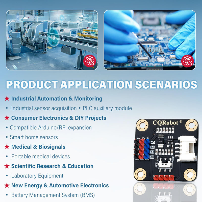 CQRobot ADS1115 16-Bit ADC Conversion Module Compatible with Raspberry Pi and Arduino Boards. Achieve Analog and Digital Signal Acquisition or Conversion, 3.3V to 5V, I2C Address Selection Switch.
