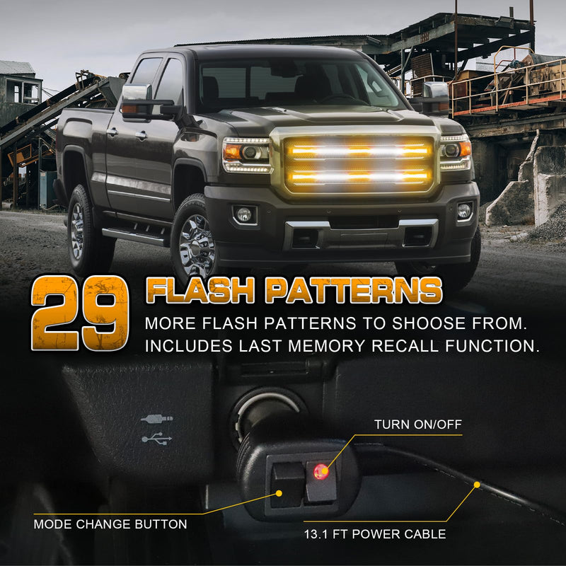 XRIDONSEN 2PCS 30 inch Truck Grill Lights Strip 360 LED Strobe Lights Amber White Grille/Tailgate/Rear window Emergency Flashing Warning Safety Caution Lights for Tow Plow Trucks Construction Vehicles Amber/White