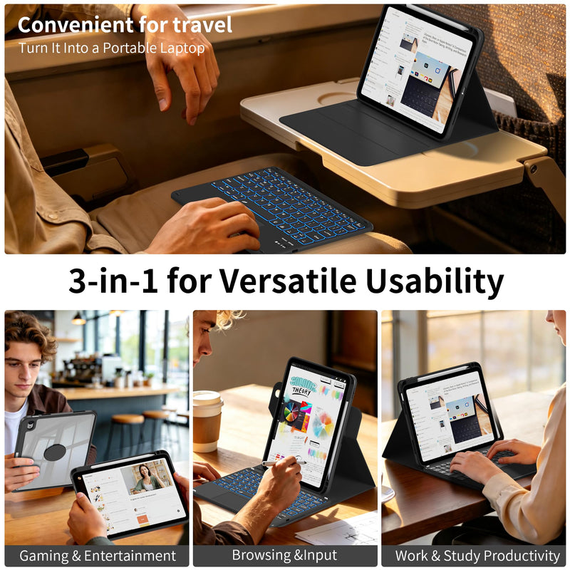 Clear Case Keyboard for iPad (A16) 11th/10th Gen, Black | Detachable 360°Rotatable Clear Back, Multi-Trackpad & 7-Color Backlit Bluetooth Keyboard, Portrait Mode Usage, Durable Cover