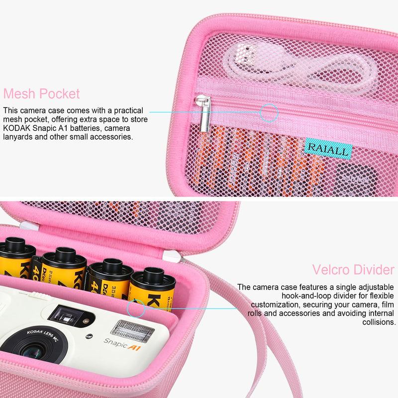 RAIALL Case for KODAK Snapic A1 35mm Film Camera and KODAK Film, Pink | Hard Carrying Case Protective Travel Bag for Kodak Ultramax 400 35mm Color Print Film, Mesh Pocket for Batteries