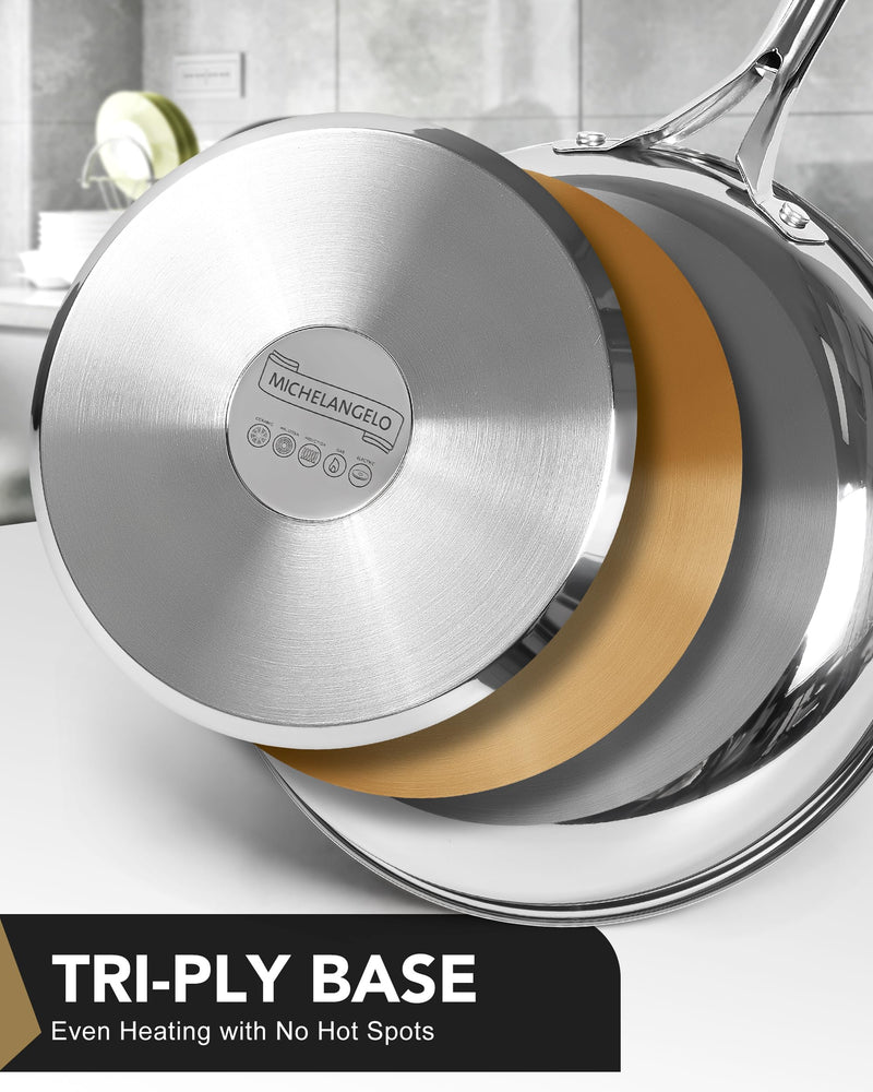 MICHELANGELO Stainless Steel 8 inch Frying Pan, Small Skillet with Triply Base, Stainless Steel Pan with Ergonomic Handle, Induction Compatible Silver 8-Inch w/o Lid
