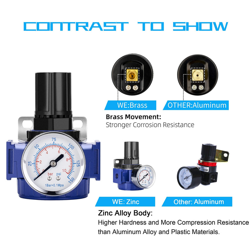 NANPU 1/2" NPT Compressed Air Regulator, Zinc Alloy Body, 150 psi Copper Core Steel-Protected Dial Gauge ＆ Metal Bracket, for Air Compressor ＆ Pneumatic Tools