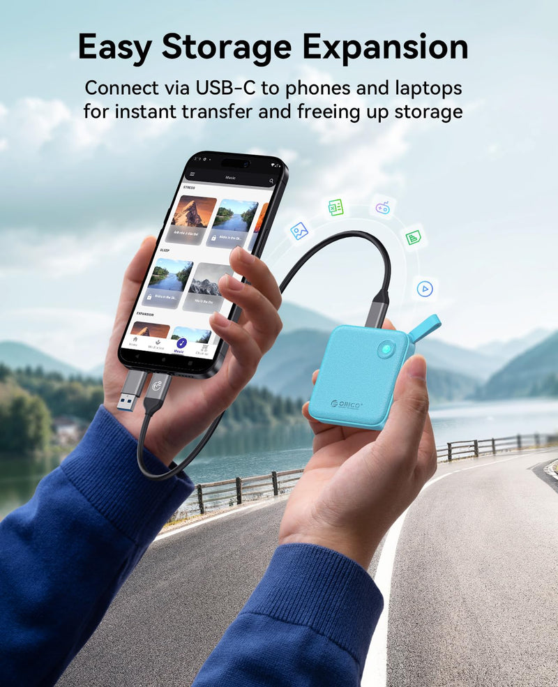 ORICO Portable SSD 512 GB with 2 in 1 USB C Cable, External Solid State Drives, Up to 460MB/s, Status Indicator, Reliable Storage for USB-C Smartphone, PC - B5PLUS(Blue) 512GB Blue