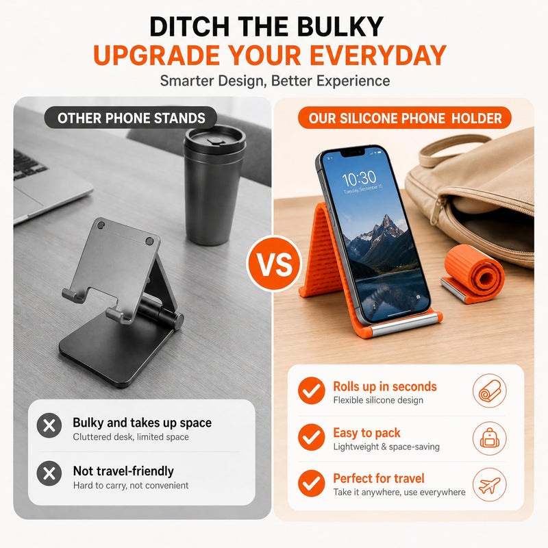 2PCS Flexible Silicone Phone Holder, Foldable Aluminum Phone Stand | Bendable Core Foldable Rollable Phone Holder - Flexible iPhone Stand for Long Travel Accessories - Plane Essentials (Orange) Orange
