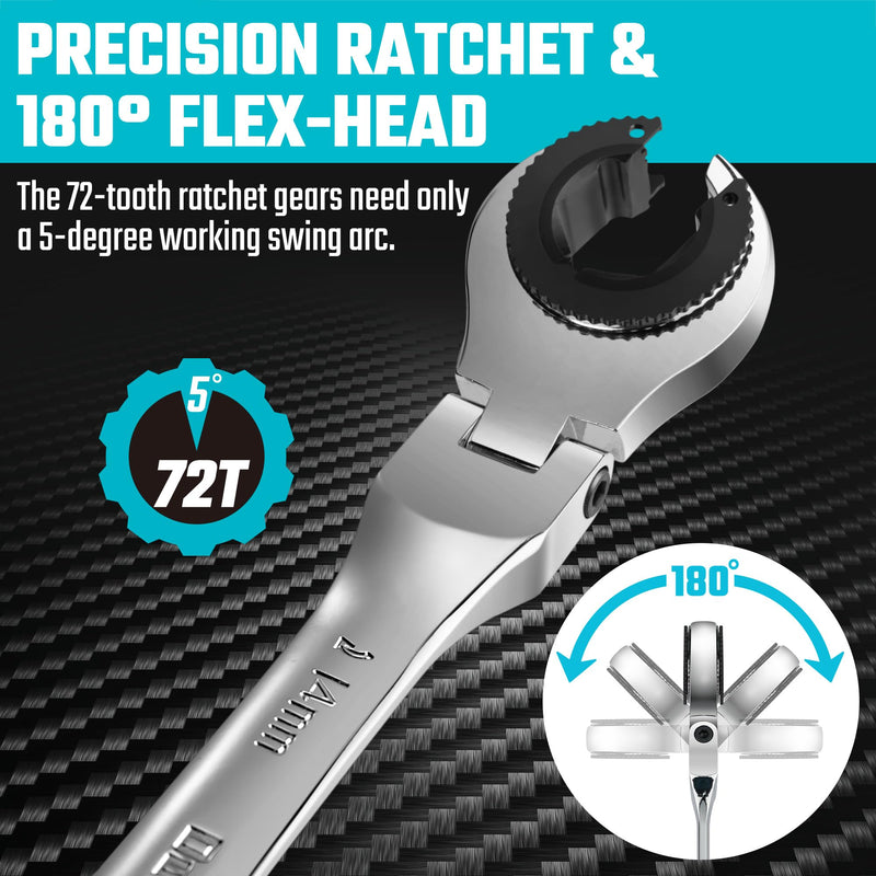 DURATECH 7-In-1 Ratcheting Wrench Set with Open Flex-head, Metric Ratcheting Tubing Wrench Set, 8-14mm, 72-Tooth Gear, CR-V Steel, with Tool Box, Gifts for Men