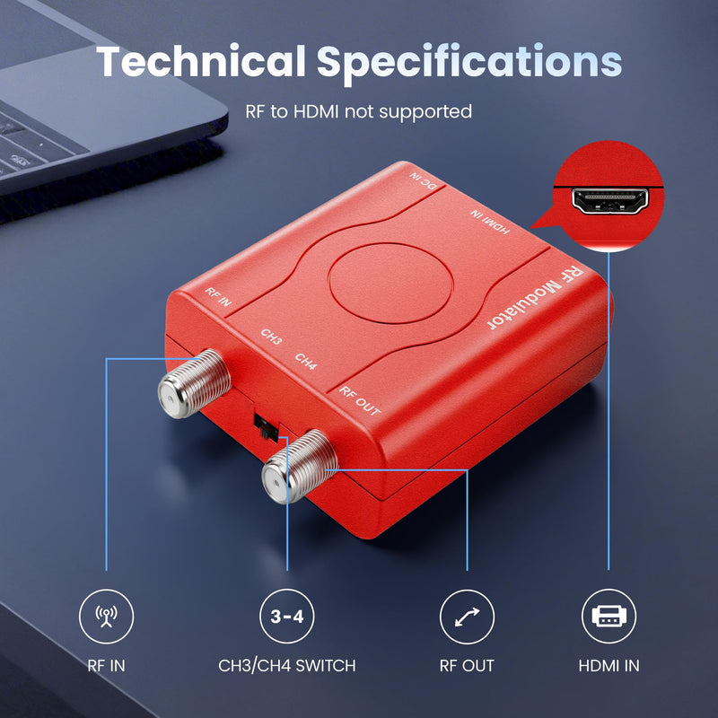 HDMI to RF Modulator with 1.2M HDMI Cable & Power Adapter,Plug and Play Coax RF Converter for TV, 1080P PLL Control NTSC Output CH3/CH4 RF Converter for Antenna TVs and Game Consoles（red）