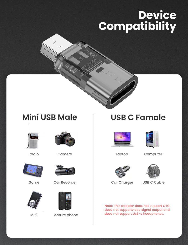 Fidioto Blackened USB-C to Mini USB Adapter，(8-Pack) Type C Female to Mini USB 2.0 Male Converter Support Charge & Data Sync for GPS Receiver/Digital Camera/Dash Cam/MP3 Player etc 8 PCS