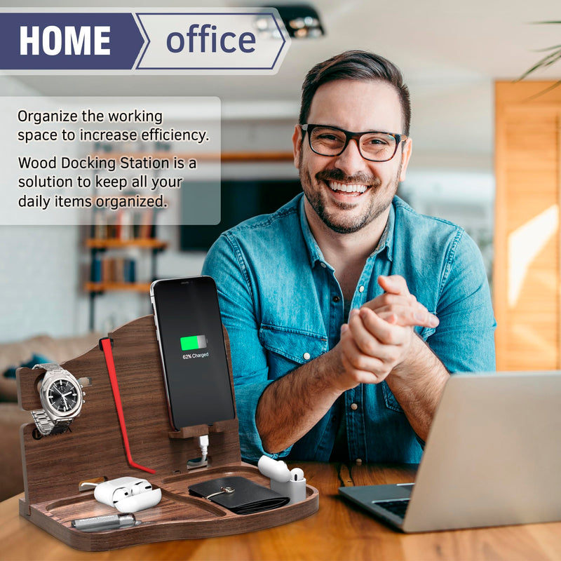 BarvA Wood Docking Station | Phone Stand & Desk Organizer | Night Stand Charging Station & Phone Holder | Compact Nightstand Organizer for Men's Accessories | Ideal Gifts for Men Dark Walnut