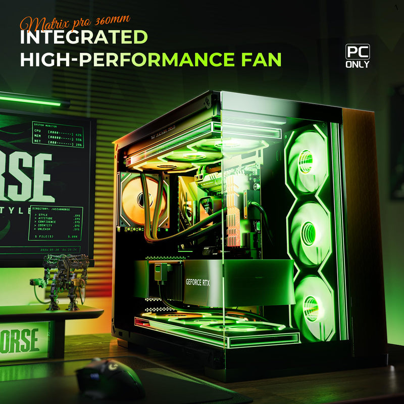 Asiahorse Matrix Pro 360mm Integrated ARGB Case Fan, 3-Zone Controlled 3D Curved Infinite Mirror Light, Low Resistance 2-Support Frame Hydraulic PWM Fan for 360mm PC Liquid Cooling & Gaming Chassis Black 360mm-Forward