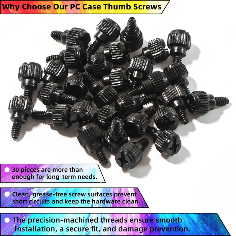 Computer Case Thumb Screws for Side Panel | #6-32 x 6mm PC Case Hand-Twist Knurled Screws, Black Chassis Fastener (30 Pack)