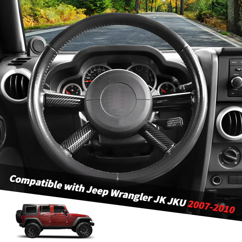 Jimen Compatible with Jeep Wrangler JK JKU 2007-2010, 4PCS Car Steering Wheel Overlay Cover Interior Trim Accessories (Carbon Fiber) Carbon Fiber