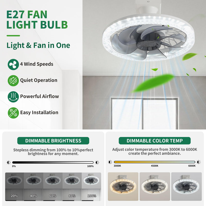 Light Socket Fan with Remote 12”, Screw in Socket Fan Light with Dimmable Brightness and Color Temp, Socket Modern Flush Mount Low Profile Ceiling Fan for Bedroom, Small Living Room, Kitchen （Black） Black