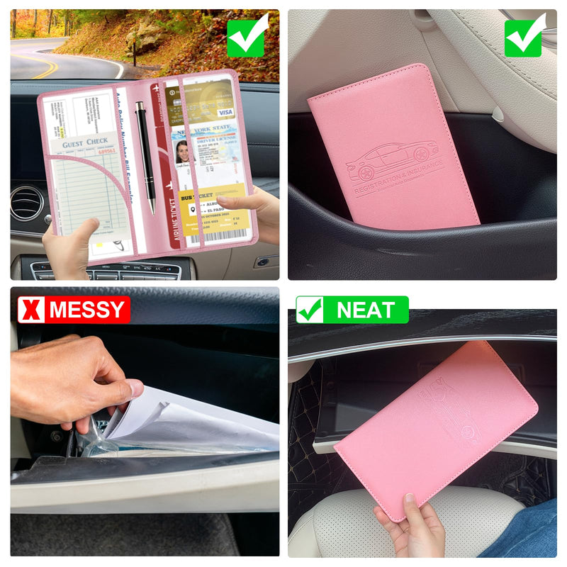PLOJOP Car Registration and Insurance Card Holder, Leather License Document Pink Glove Box Compartment Organizer, Car Wallet Case for Essential Info, License Cards, ID Card L