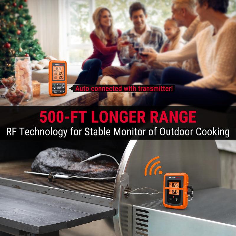 ThermoPro TP20 500FT Wireless Meat Thermometer with Dual Meat Probe, Digital Cooking Food Meat Thermometer Wireless for Smoker BBQ Grill Thermometer Beef Steak Fish Turkey Thermometer Orange
