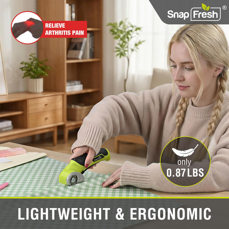 SnapFresh Cordless Electric Scissors, 4V Electric Mini Box Cutter, Carpet & Cardboard Cutter Tool with a Replacement Blade/Charger, Rotary Cutter for Cardboard Packages Leather Plastic （Green） Green