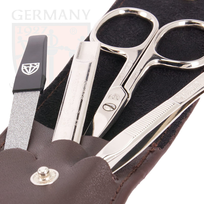 3 Swords Germany - brand quality 3 piece manicure pedicure grooming kit set for professional finger & toe nail care scissors tool genuine leather case in gift box, Made in Solingen Germany BROWN