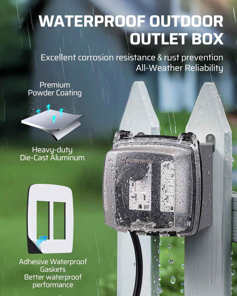 DEWENWILS 20A Outdoor Outlet, Heavy Duty GFCI Outlet Kit with Self Test, WR/TR, NEMA 5-20R Outdoor Electrical Box for Garden, Yard, Sports Field, White Dual 20A