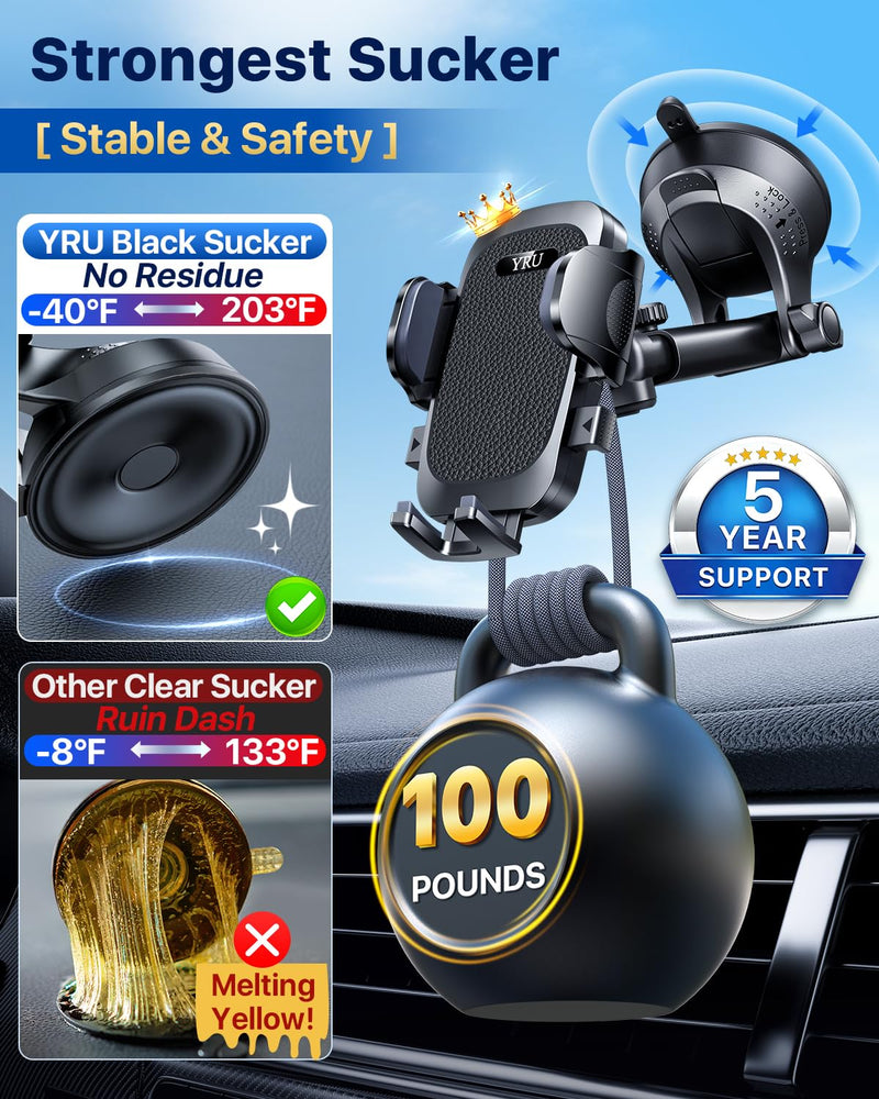 [True Upgrade for Safety] YRU Car Phone Holder Mount [Patent & Military-Grade] Dashboard Cell Phone Holder for Car Vent Windshield Phone Stand for iPhone17 16 15 14 13Pro Max Truck Samsung, Dark Black