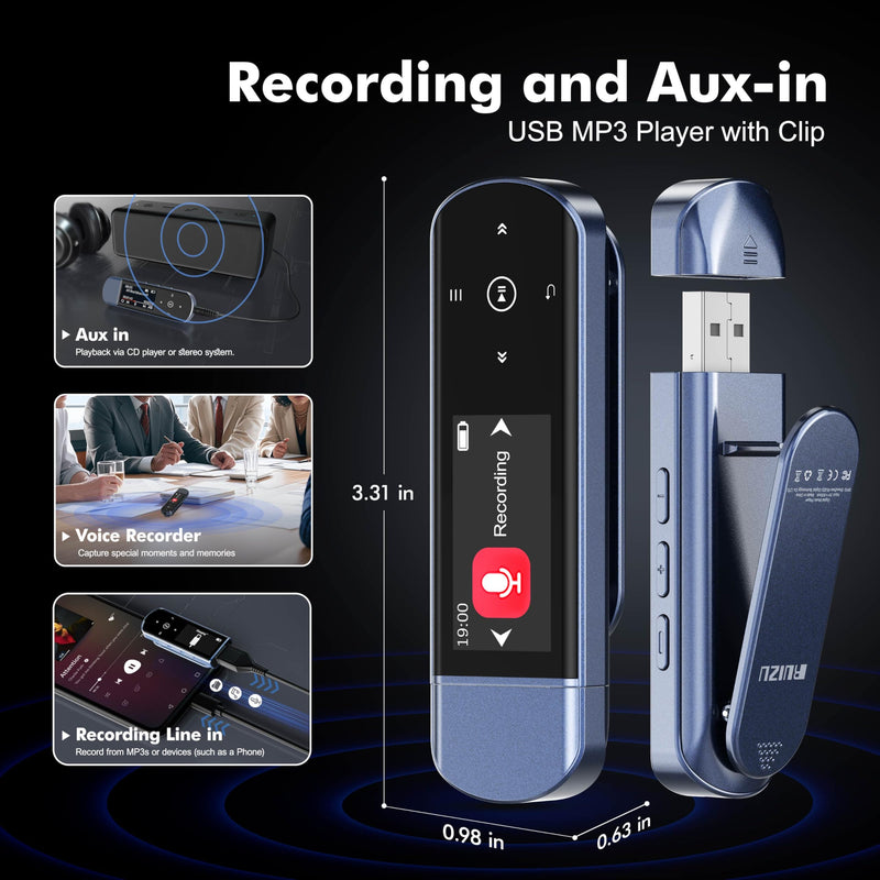 RUIZU 32GB USB MP3 Player with Bluetooth 5.3 & Clip for Sports Running | Portable Music Player, USB MP3 Player Stick with FM Radio, Voice Recorder, Digital Audio Shuffle Repeat, Phone File Transfer