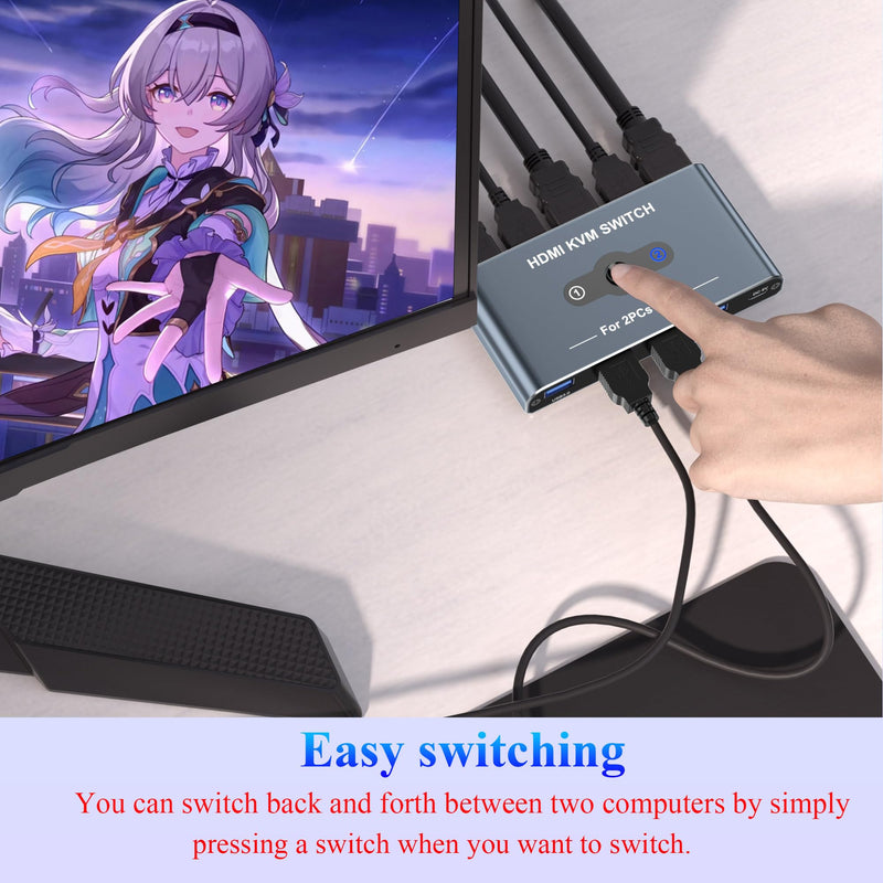 KVM Switch, KVM Switch 1 Monitors 2 Computers, HDMI Switch, 4K@60Hz KVM Switches for 2 Computers Sharing 1 Monitor, 4 USB 3.0 Devices Such as Keyboard, Mouse, Printer, Scanner (Grey) Grey