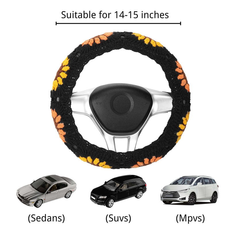 Boho 14-15 in Crochet Steering Wheel Cover Set, Handmade Black Sunflower Granny Square Pattern Car Decor for Women, Hippie Car Accessories A Wheel Cover