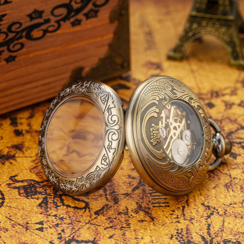 Mechanical Pocket Watch, for Men Women Special Magnifier Half Hunter Engraved Case Roman Numerals with Chain Ba. Sun-God-Bird, Bronze Black