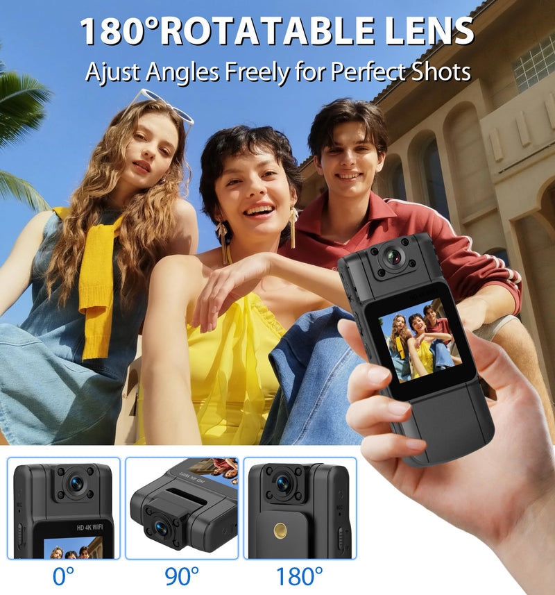 4K Body Camera with Audio and Video Recording, 128G Mini Wearable Body Cam | 180° Rotating Lens, Night Vision, 15Hrs Battery, Magnetic Clip Portable Cameras for Sports Travel and Police Law Enforcement