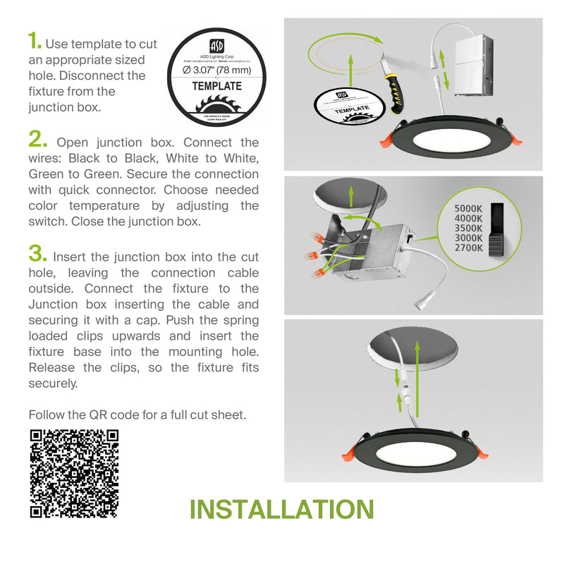 ASD 6 Pack 3 Inch LED Recessed Light 6W, 5 CCT 2700K-5000K CRI90+, IC Rated Ultra Thin Dimmable Ceiling Lights with J Box, Canless Wafer Downlight, Round Slim Panel Lighting, Energy Star ETL, Black 3 Inch 6 Pack