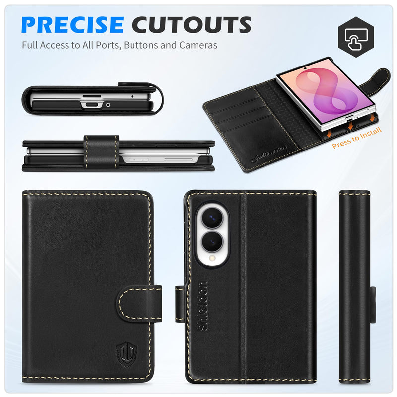 SHIELDON Real Leather Case Wallet for Galaxy Z Fold8 7.6", Retro Black | RFID Blocking, Credit Card Holder, Magnetic Closure, Kickstand, Folio Design, Shockproof Phone Cover