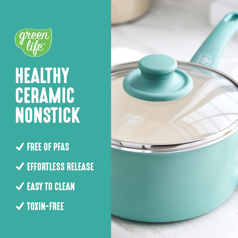 GreenLife 2.5QT Nonstick Saucepan with Glass Lid, Soft Grip, PFAS-Free Ceramic, Multipurpose Chef Pan, Milk & Sauce Cooking Pot, Dishwasher & Oven Safe to 350˚F, Stay-Cool Handle, Turquoise 2.5 Quarts