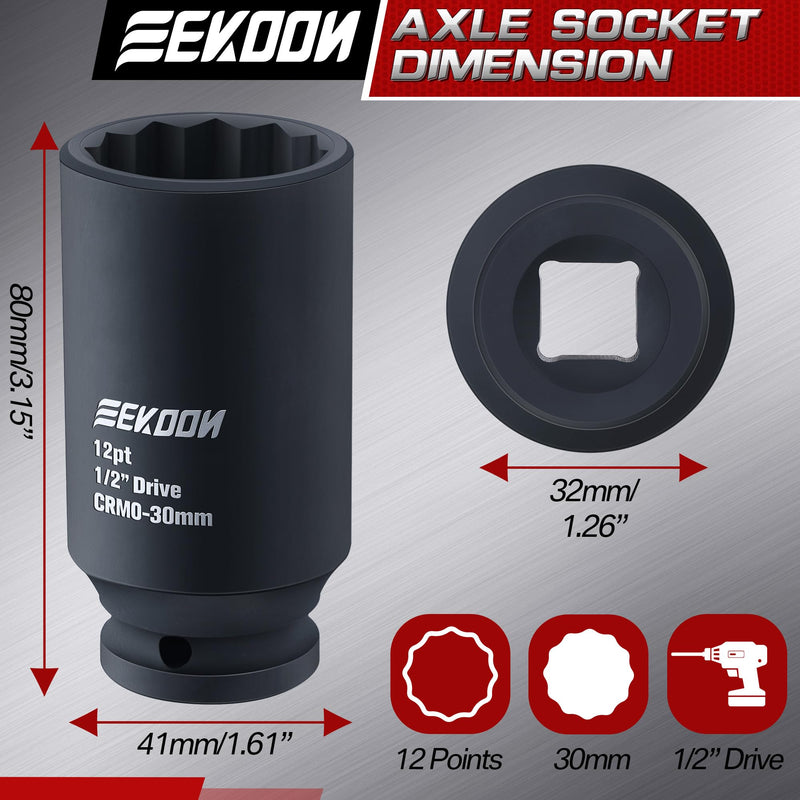 Feekoon Axle Nut Impact Socket, 30mm, 12 Point, 1/2 Inch Drive, CR MO, Spindle Nut Socket for Removing Axle Shaft Nuts, Universal Quick Fit Nuts Remover, Deep Well Hub Release Tool for Impact Wrench