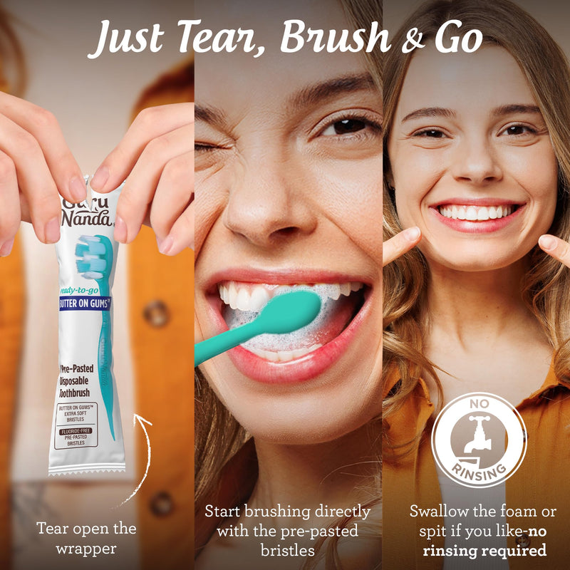 GuruNanda Mini Disposable Toothbrushes with Toothpaste & Toothpick, Prepasted Ready-to-Go Travel Toothbrush with Butter on Gums Bristles - Fluoride Free, No Rinsing, Individually Wrapped, 70 Ct 70 Count (Pack of 1)