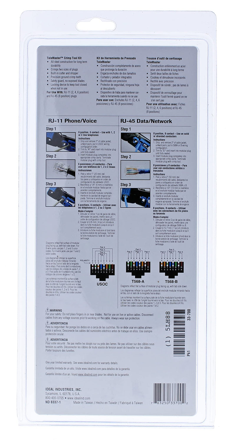 IDEAL INDUSTRIES INC. 33-700 Telemaster Crimp Kit for CAT3/5e/6 Cables, RJ-45 (8P8C) & RJ-11 (6P6C, 6P4C, 6P2C)