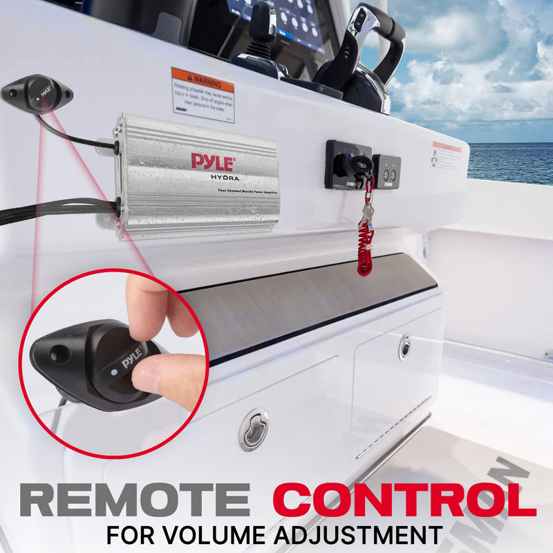 Pyle 400W 4-Channel Hydra Marine Micro Amplifier - Waterproof - RCA Input - 3.5mm Jack - MP3 - Soft Turn On/Off - Volume Gain Level Remote Control - Power Protection - PLMRMP3A Standard Packaging