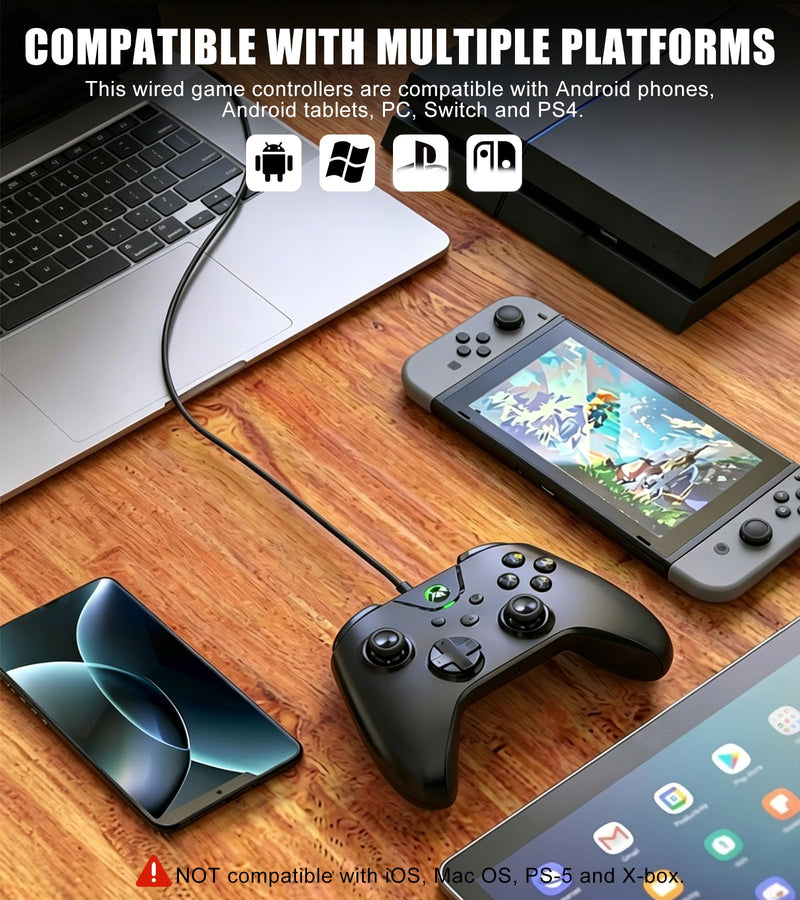 Wired Controller for PC Windows/Android/Tablet/Switch/PS4/PS3, 1000Hz Polling Rate Plug and Play Gaming Gamepad Joystick with USB C Adapter, Dual Motors, Turbo, 6.56ft Cable, Ultra-Low Latency, Black