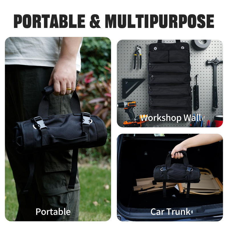 Portable Foldable Roll Up Tool Bag, Heavy Duty Tool Organizer Bag with 5 Compartments & 2 Detachable Pouches for Tools Storage, Waterproof Tool Roll Bag for Dad Men Electrician Mechanic Gifts black