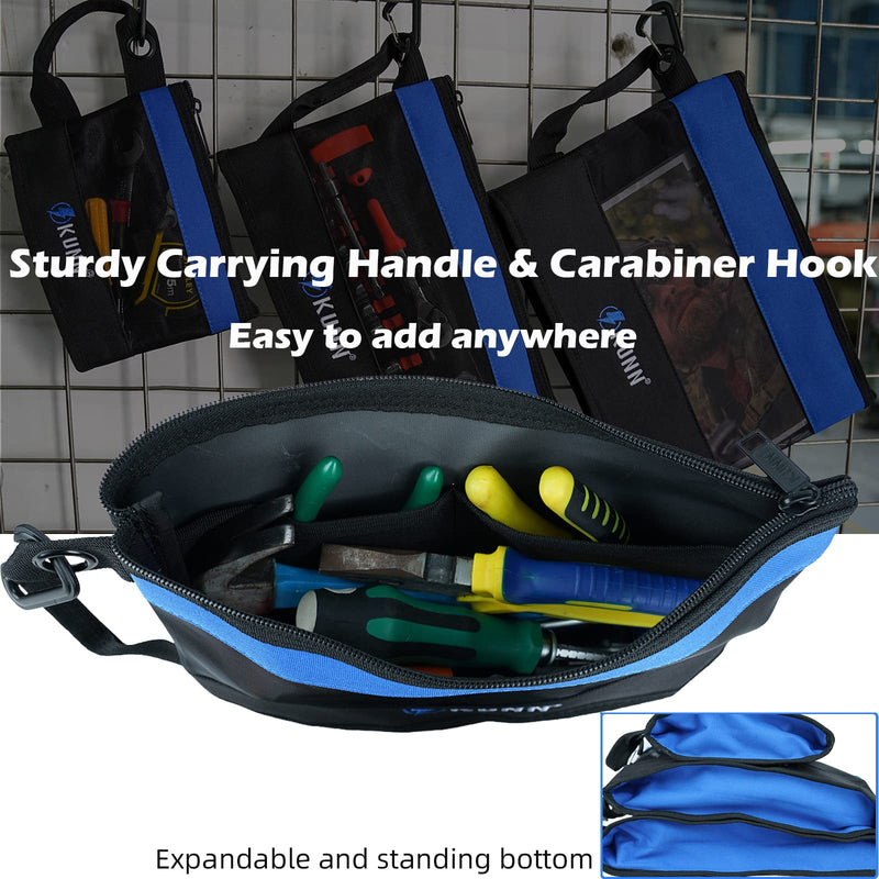 KUNN Tool Bag Zipper Pouch 3 Pack - Heavy Duty Utility Tool Storage Organizer with Carabiner for DIY,Electrician,Accessories and Travel Blue