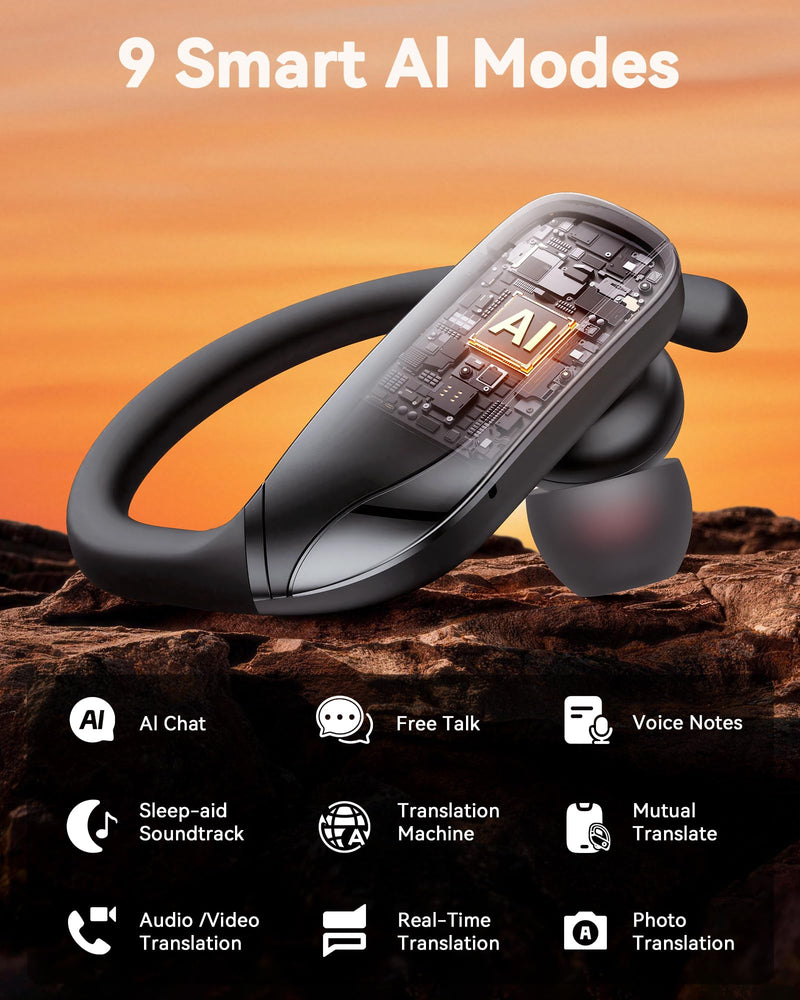 bmani Ear Buds Wireless Earbuds Bluetooth Headphones with 80H Playtime LED Display Case, Over-Ear Hook with Mic, Stereo Sound, Easy Button Controls, Sports Earphones for Running Workout Gym Black AI Buds Pro