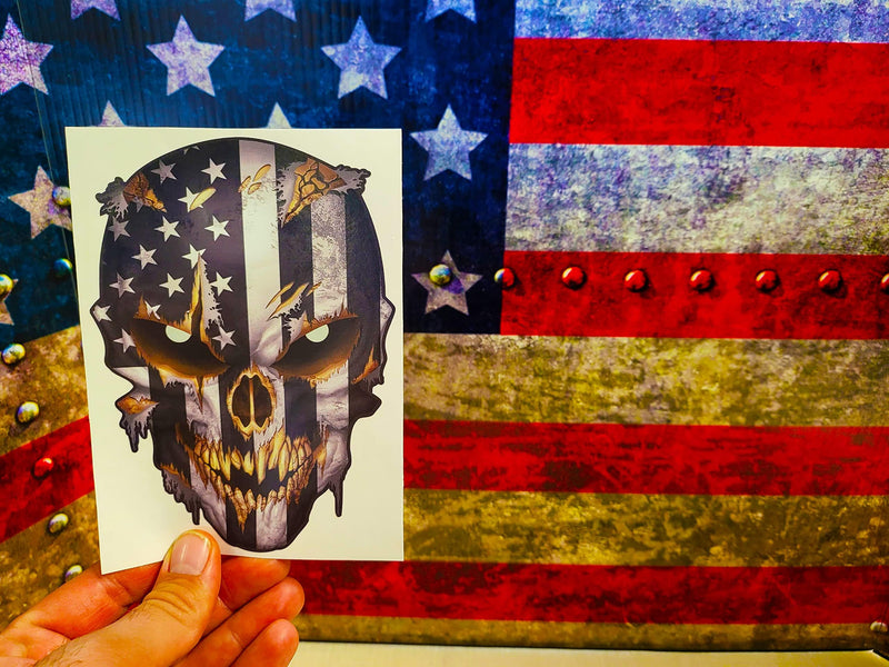 Skull with Reflective Eyes American Flag Vinyl Decal Stickers Car Truck Sniper Marines Army Navy Military Graphic 6.5 Inch Black and White